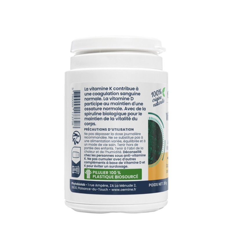 Oemine vitamines D2 et K2, os, muscle, immunité - spiruline levure nato