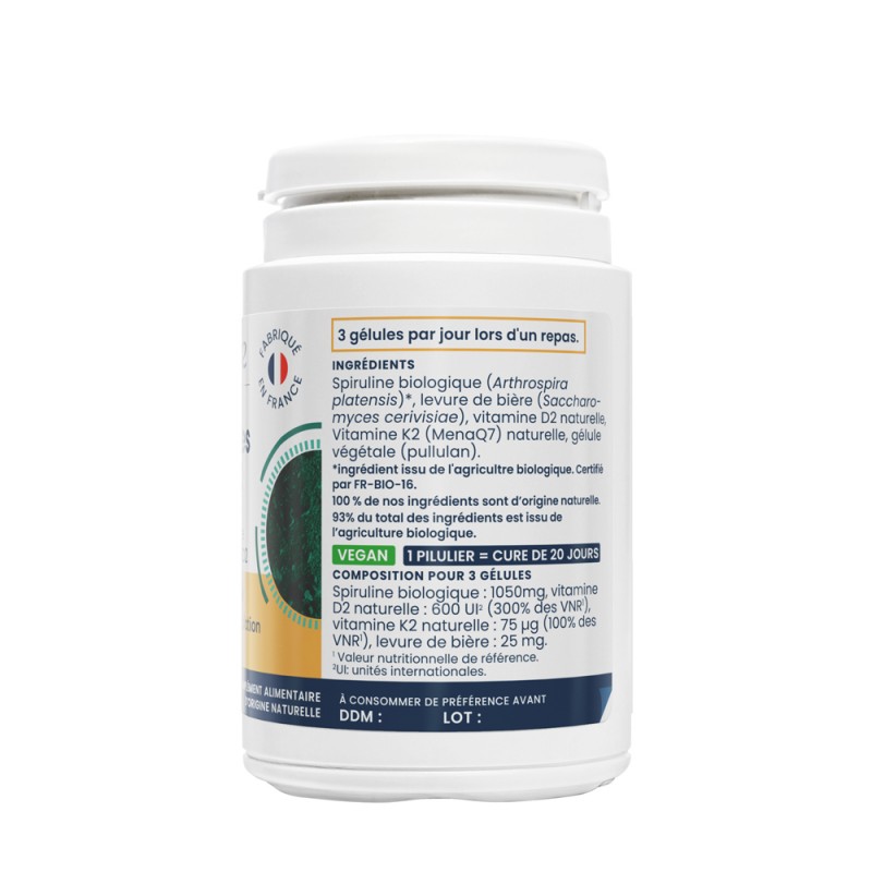 Oemine vitamines D2 et K2, os, muscle, immunité - spiruline levure nato