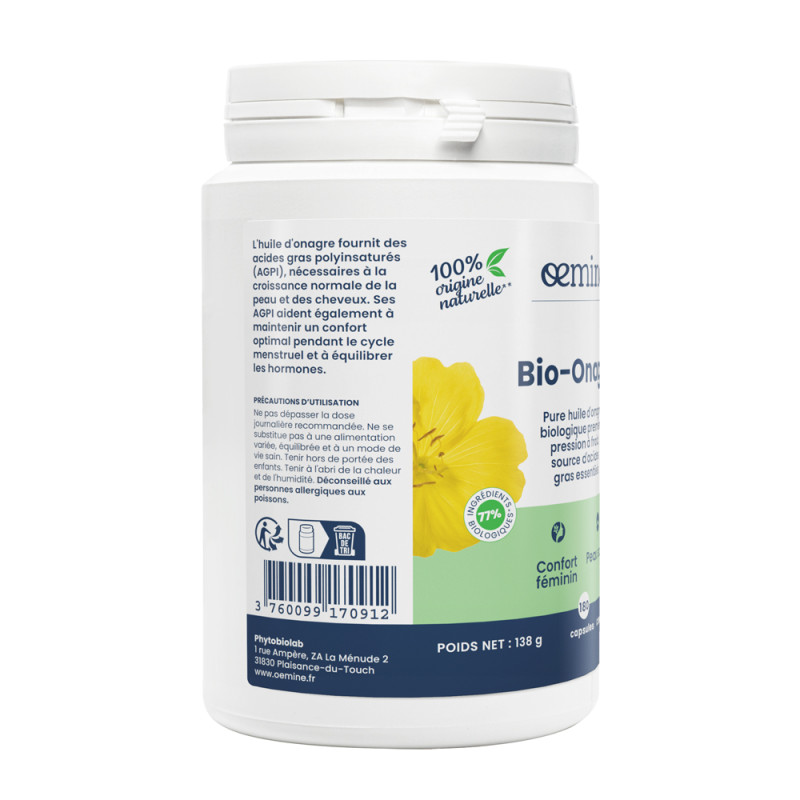 Oemine Bio-Onagre pure huile d'onagre bio oméga-6 pour confort féminin
