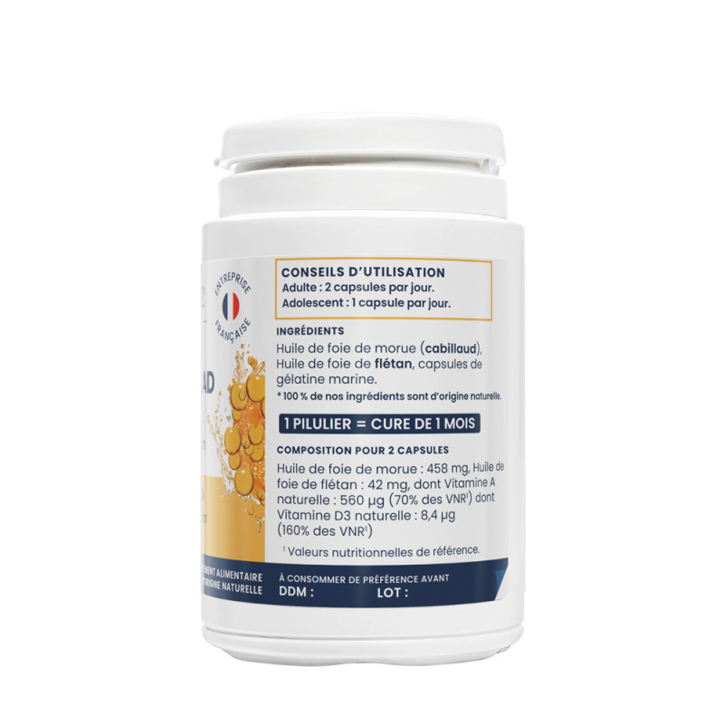 Oemine Vitamines A et D pour os et muscles, huile foie de morue et flétan