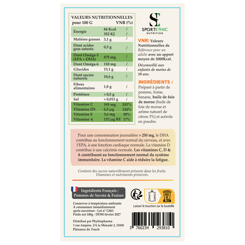 SPORTETHIC PUREE FRUIT BOOST OMEGA 3 -VITAMINES  A -D - E - K  - 100 G - Marque SPORTETHIC NUTRITION