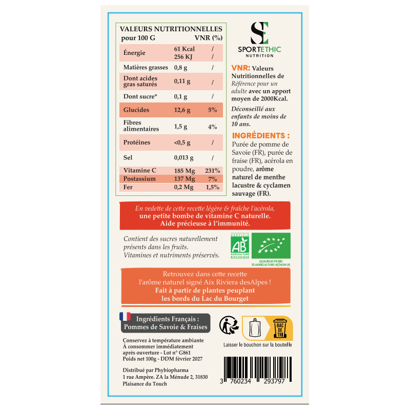 SPORTETHIC PUREE FRUIT ACEROLA VITAMINE C certifié biologique 100 G - Marque SPORTETHIC NUTRITION