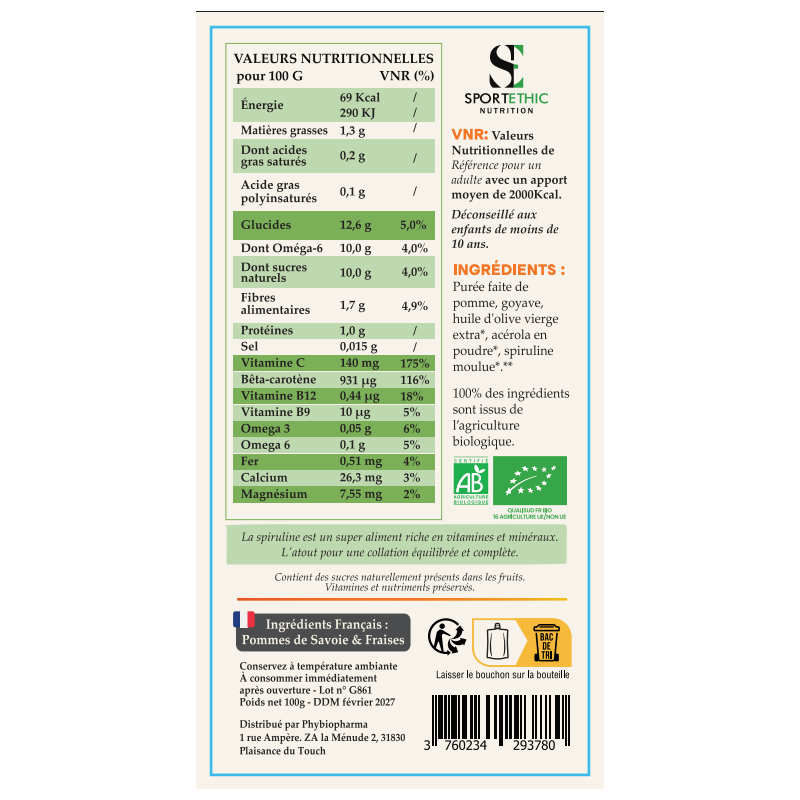 SPORTETHIC PUREE FRUIT SPIRULINE certifié biologique 100 G - Marque SPORTETHIC NUTRITION
